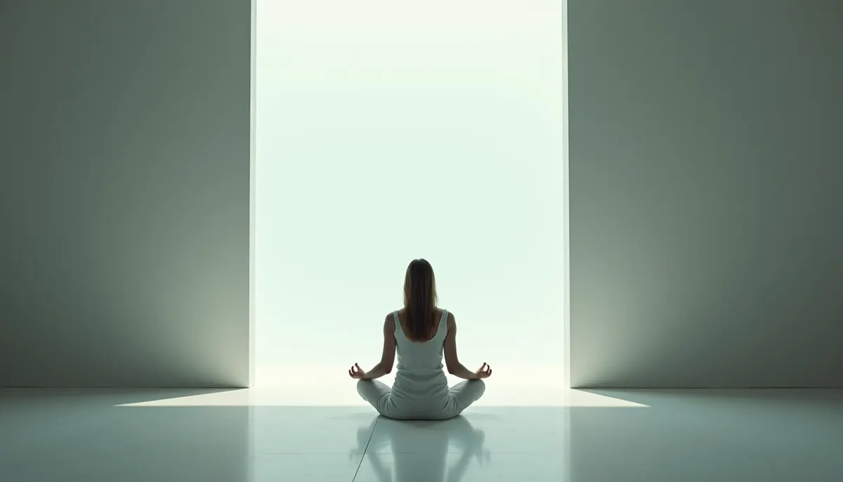 Vista a nivel de una persona meditando en un espacio tranquilo y luminoso