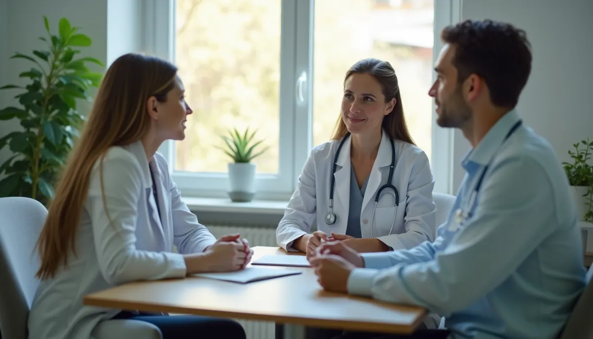 Plano medio de una consulta psicológica con terapeuta y paciente en un ambiente acogedor