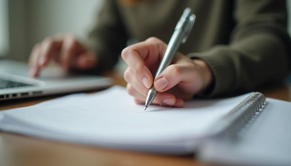 Close-up view of a person writing notes during an online therapy session