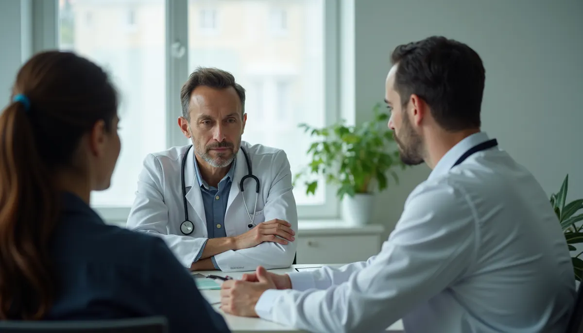 Vista a nivel de ojo de una consulta psicológica con terapeuta y paciente