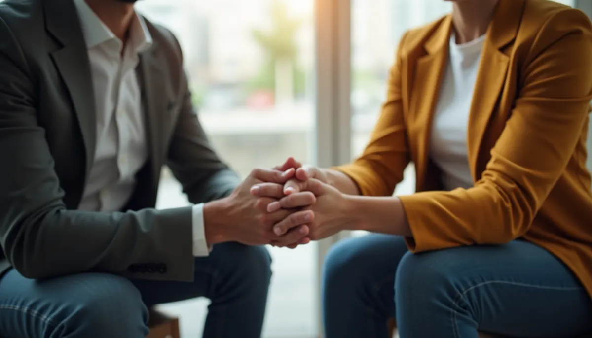 Close-up view of a couple holding hands during a counseling session