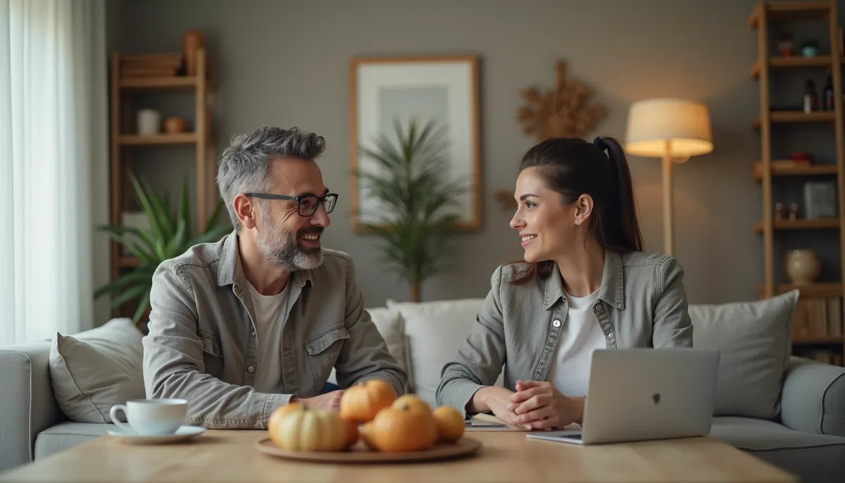 Plano medio de una pareja realizando un ejercicio de comunicación en casa